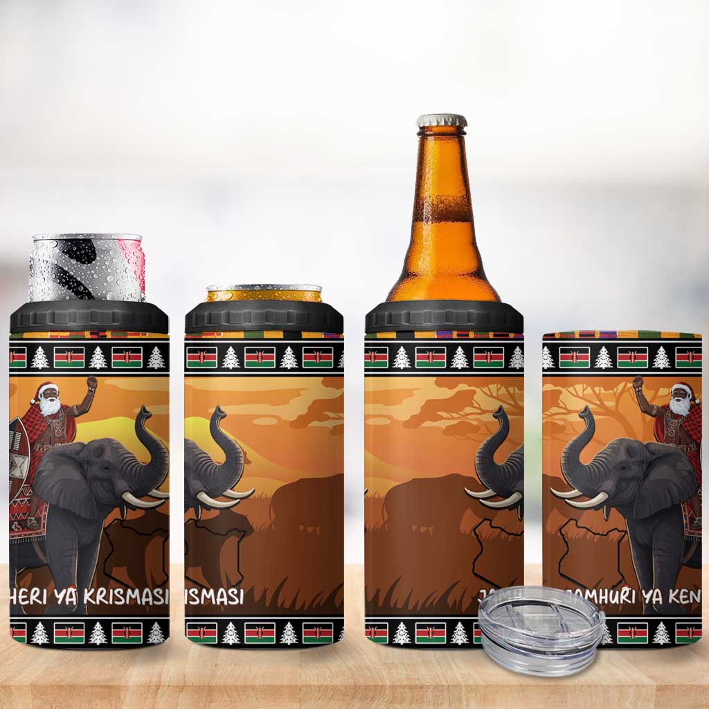Kenya Safari Christmas 4 in 1 Can Cooler Tumbler Black Santa Riding Elephant - Heri ya Krismasi - Wonder Print Shop