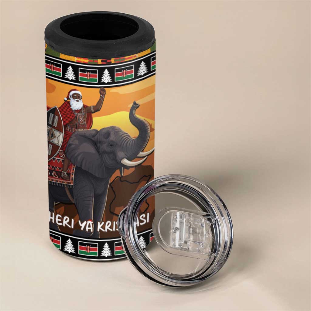 Kenya Safari Christmas 4 in 1 Can Cooler Tumbler Black Santa Riding Elephant - Heri ya Krismasi - Wonder Print Shop