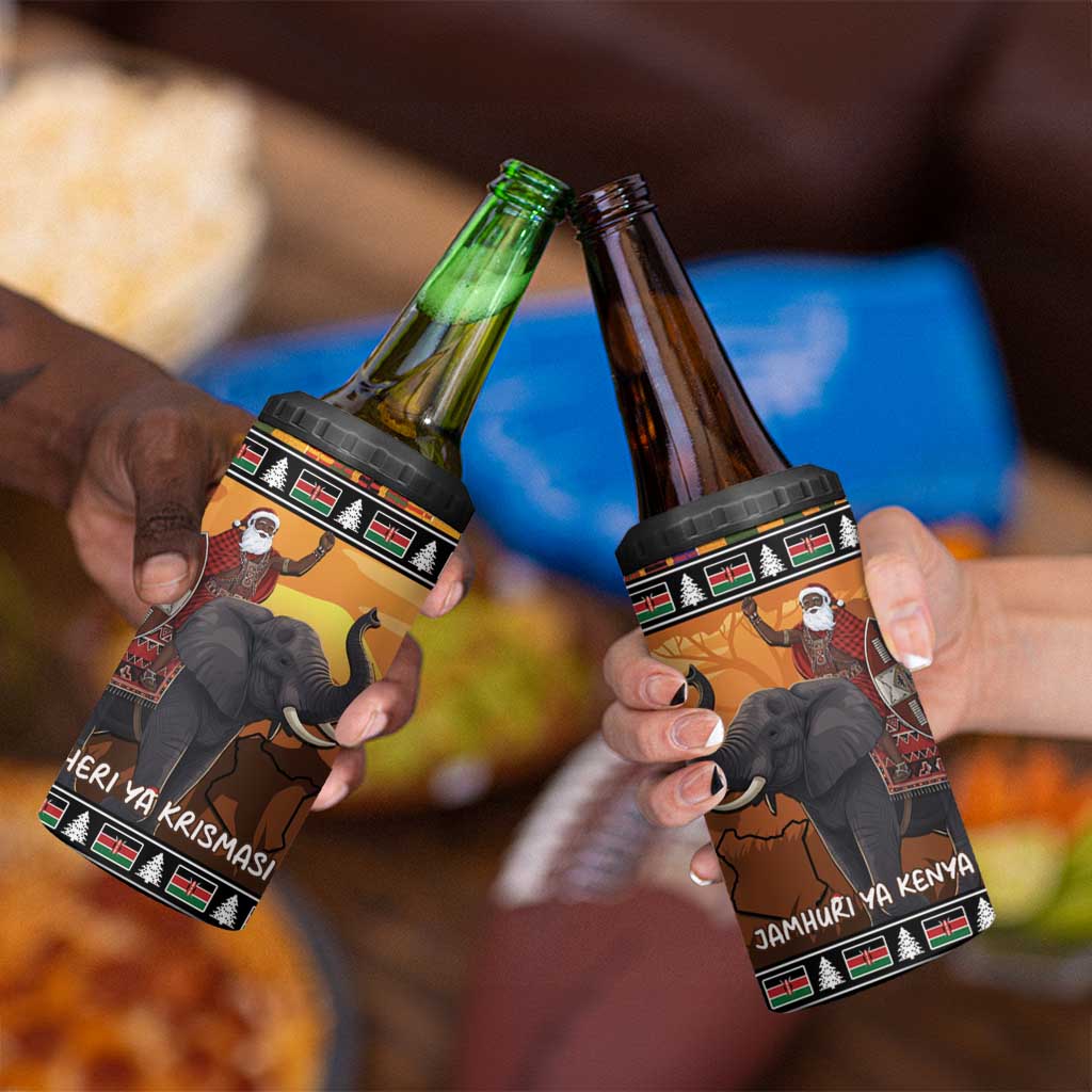 Kenya Safari Christmas 4 in 1 Can Cooler Tumbler Black Santa Riding Elephant - Heri ya Krismasi - Wonder Print Shop