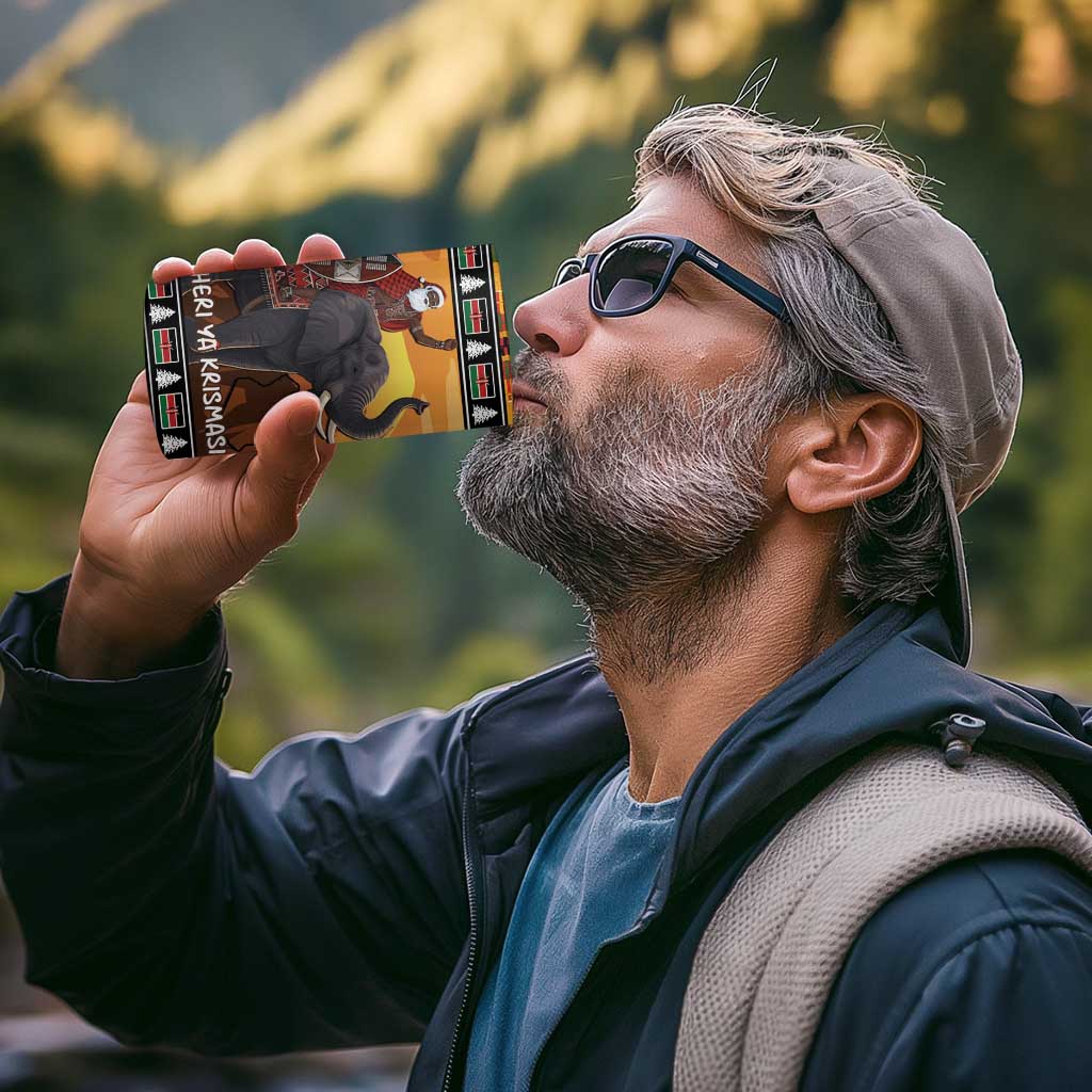 Kenya Safari Christmas 4 in 1 Can Cooler Tumbler Black Santa Riding Elephant - Heri ya Krismasi - Wonder Print Shop