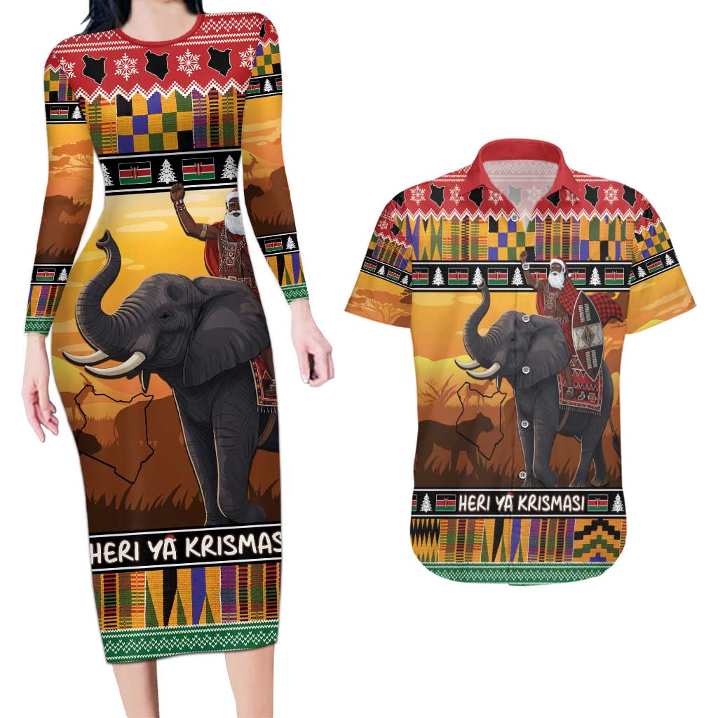 Kenya Safari Christmas Couples Matching Long Sleeve Bodycon Dress and Hawaiian Shirt Black Santa Riding Elephant - Heri ya Krismasi - Wonder Print Shop