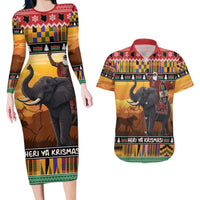 Kenya Safari Christmas Couples Matching Long Sleeve Bodycon Dress and Hawaiian Shirt Black Santa Riding Elephant - Heri ya Krismasi - Wonder Print Shop