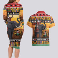 Kenya Safari Christmas Couples Matching Long Sleeve Bodycon Dress and Hawaiian Shirt Black Santa Riding Elephant - Heri ya Krismasi - Wonder Print Shop