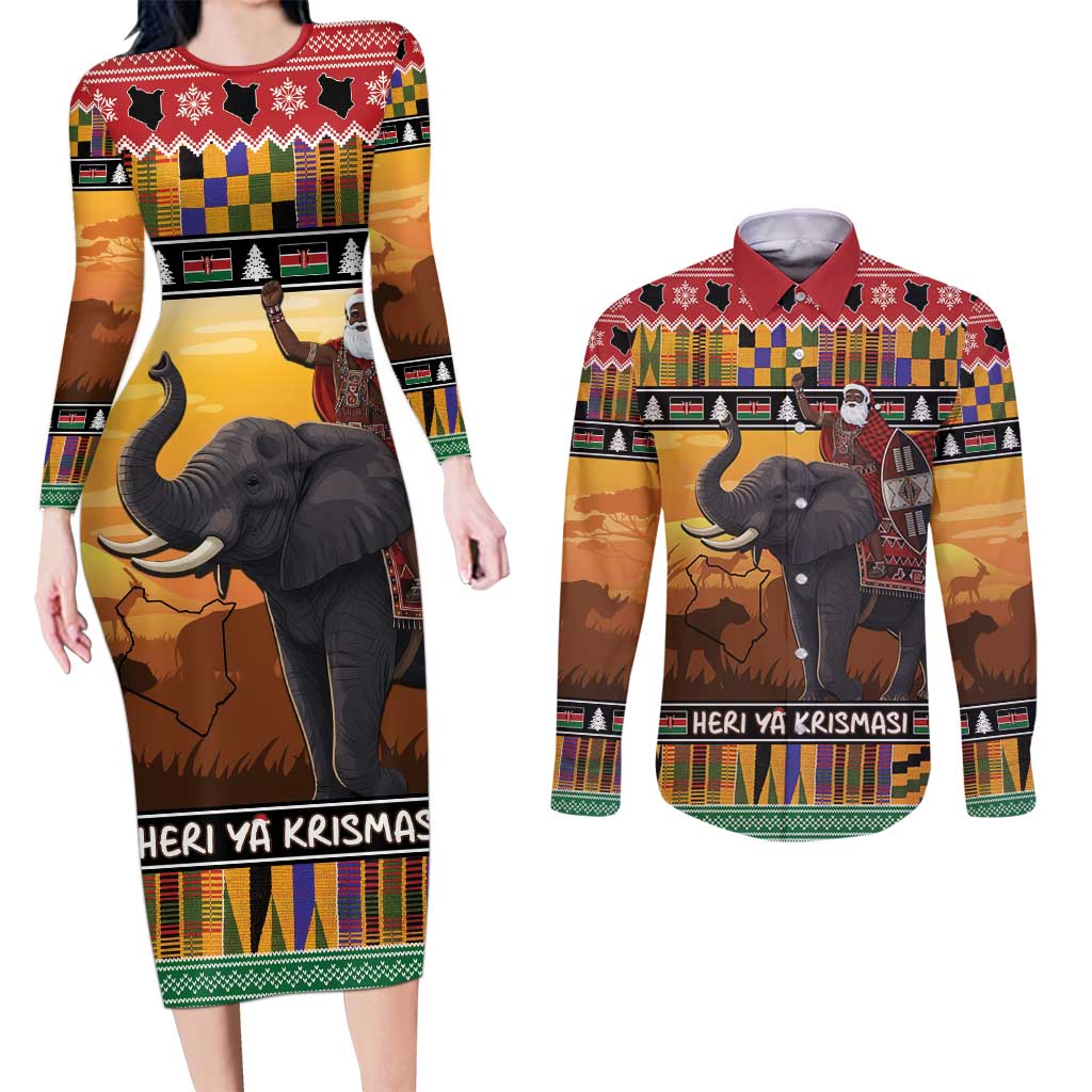 Kenya Safari Christmas Couples Matching Long Sleeve Bodycon Dress and Long Sleeve Button Shirt Black Santa Riding Elephant - Heri ya Krismasi - Wonder Print Shop