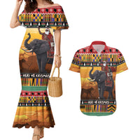 Kenya Safari Christmas Couples Matching Mermaid Dress and Hawaiian Shirt Black Santa Riding Elephant - Heri ya Krismasi - Wonder Print Shop