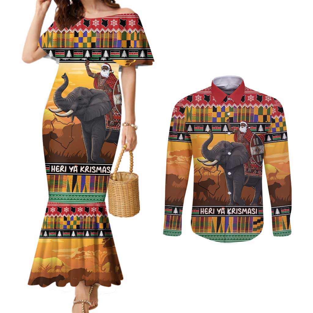 Kenya Safari Christmas Couples Matching Mermaid Dress and Long Sleeve Button Shirt Black Santa Riding Elephant - Heri ya Krismasi - Wonder Print Shop
