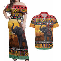 Kenya Safari Christmas Couples Matching Off Shoulder Maxi Dress and Hawaiian Shirt Black Santa Riding Elephant - Heri ya Krismasi - Wonder Print Shop