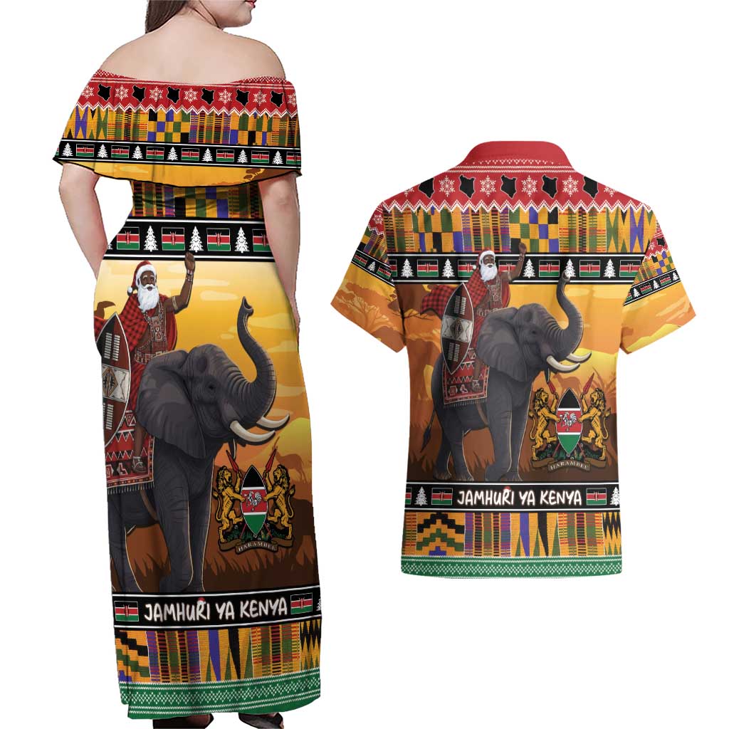 Kenya Safari Christmas Couples Matching Off Shoulder Maxi Dress and Hawaiian Shirt Black Santa Riding Elephant - Heri ya Krismasi - Wonder Print Shop