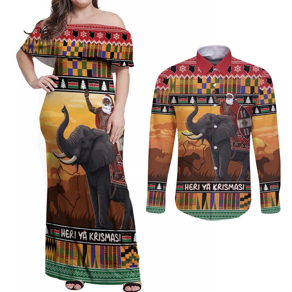 Kenya Safari Christmas Couples Matching Off Shoulder Maxi Dress and Long Sleeve Button Shirt Black Santa Riding Elephant - Heri ya Krismasi - Wonder Print Shop