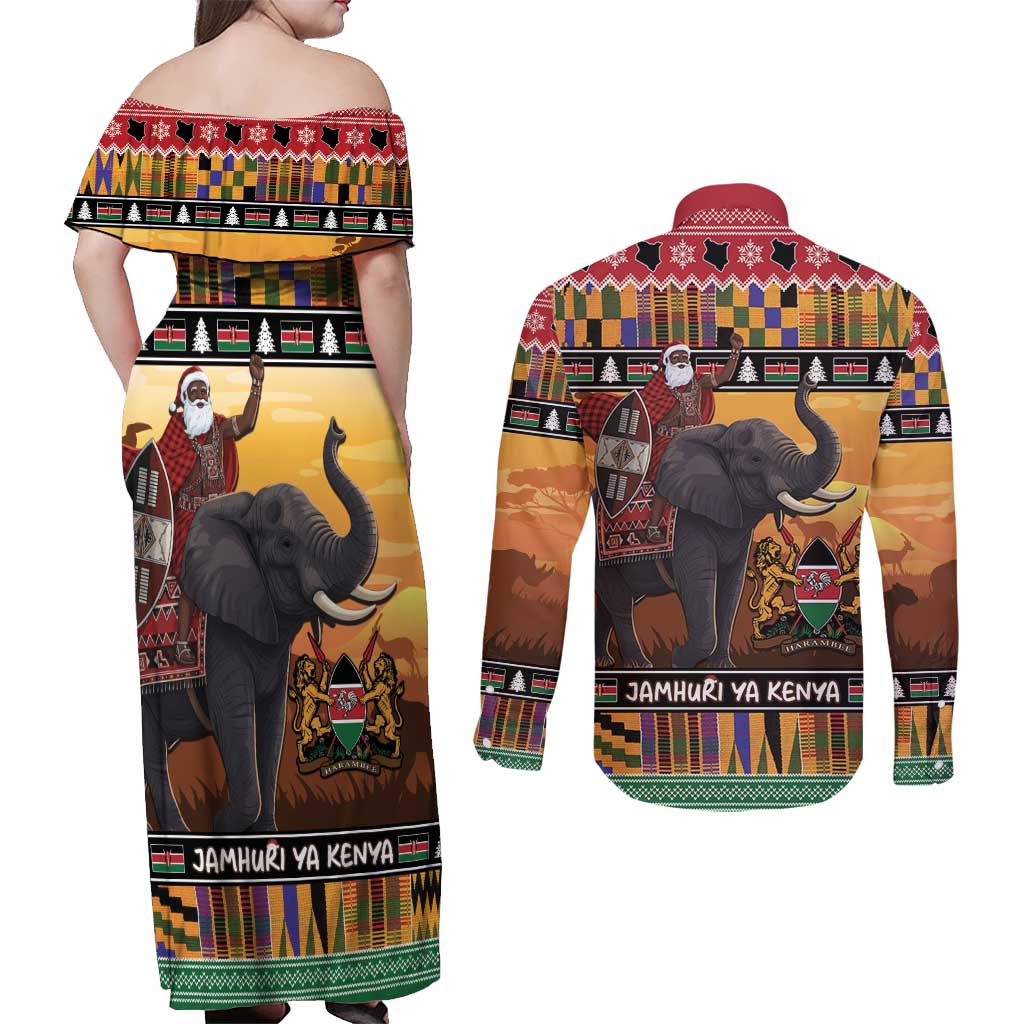 Kenya Safari Christmas Couples Matching Off Shoulder Maxi Dress and Long Sleeve Button Shirt Black Santa Riding Elephant - Heri ya Krismasi - Wonder Print Shop
