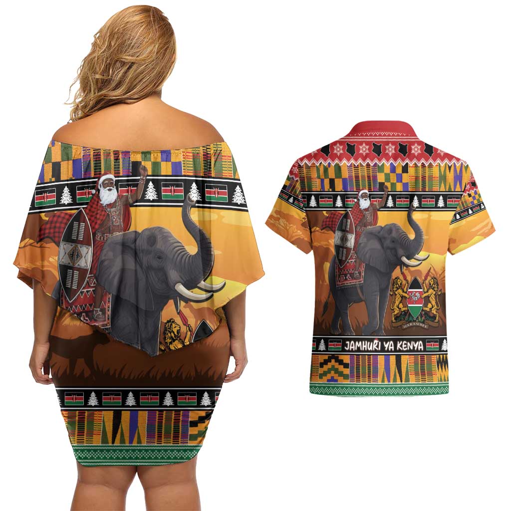 Kenya Safari Christmas Couples Matching Off Shoulder Short Dress and Hawaiian Shirt Black Santa Riding Elephant - Heri ya Krismasi - Wonder Print Shop