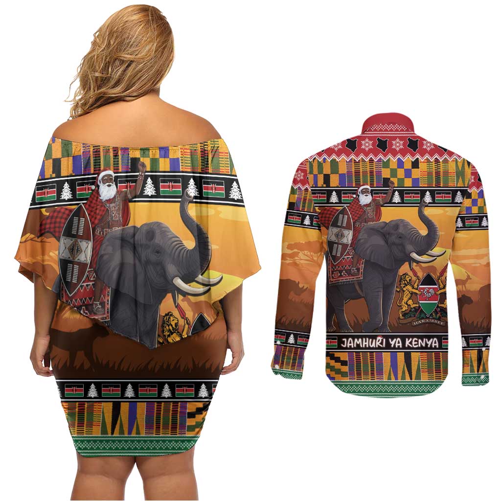 Kenya Safari Christmas Couples Matching Off Shoulder Short Dress and Long Sleeve Button Shirt Black Santa Riding Elephant - Heri ya Krismasi - Wonder Print Shop