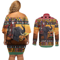 Kenya Safari Christmas Couples Matching Off Shoulder Short Dress and Long Sleeve Button Shirt Black Santa Riding Elephant - Heri ya Krismasi - Wonder Print Shop