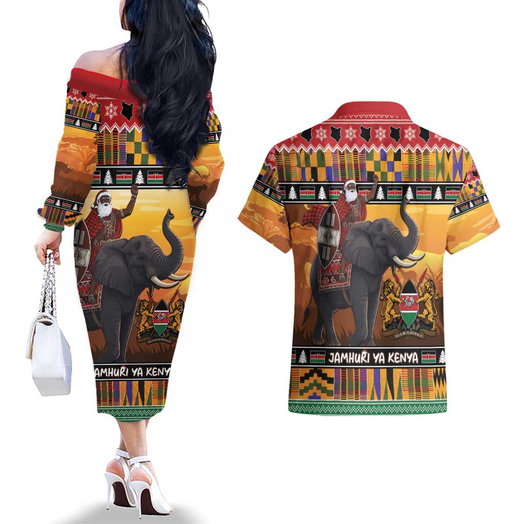 Kenya Safari Christmas Couples Matching Off The Shoulder Long Sleeve Dress and Hawaiian Shirt Black Santa Riding Elephant - Heri ya Krismasi - Wonder Print Shop