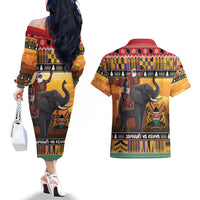 Kenya Safari Christmas Couples Matching Off The Shoulder Long Sleeve Dress and Hawaiian Shirt Black Santa Riding Elephant - Heri ya Krismasi - Wonder Print Shop