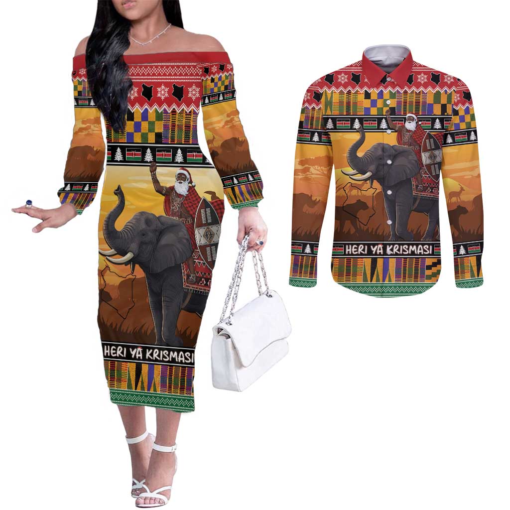 Kenya Safari Christmas Couples Matching Off The Shoulder Long Sleeve Dress and Long Sleeve Button Shirt Black Santa Riding Elephant - Heri ya Krismasi - Wonder Print Shop