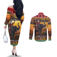 Kenya Safari Christmas Couples Matching Off The Shoulder Long Sleeve Dress and Long Sleeve Button Shirt Black Santa Riding Elephant - Heri ya Krismasi - Wonder Print Shop