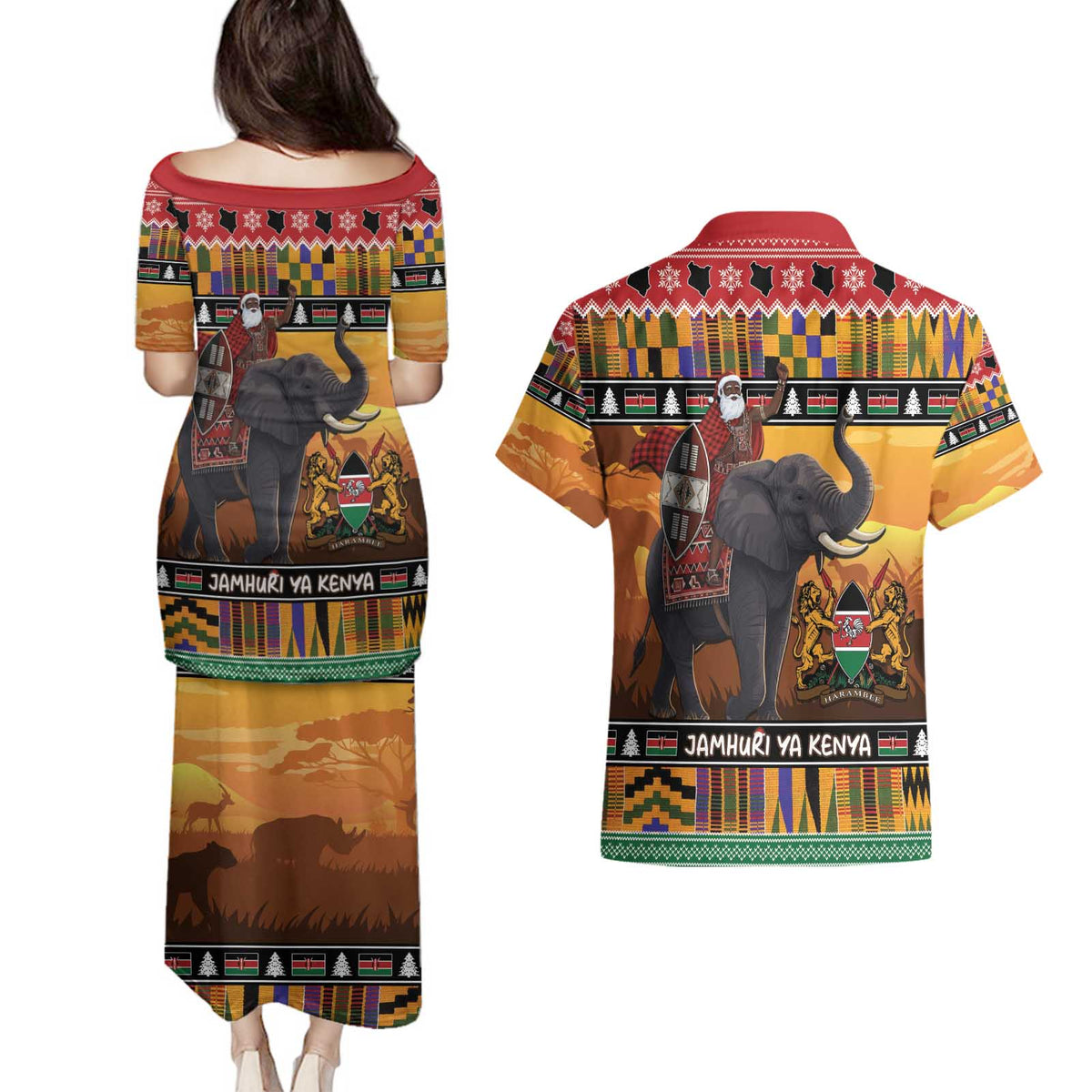 Kenya Safari Christmas Couples Matching Puletasi and Hawaiian Shirt Black Santa Riding Elephant - Heri ya Krismasi - Wonder Print Shop