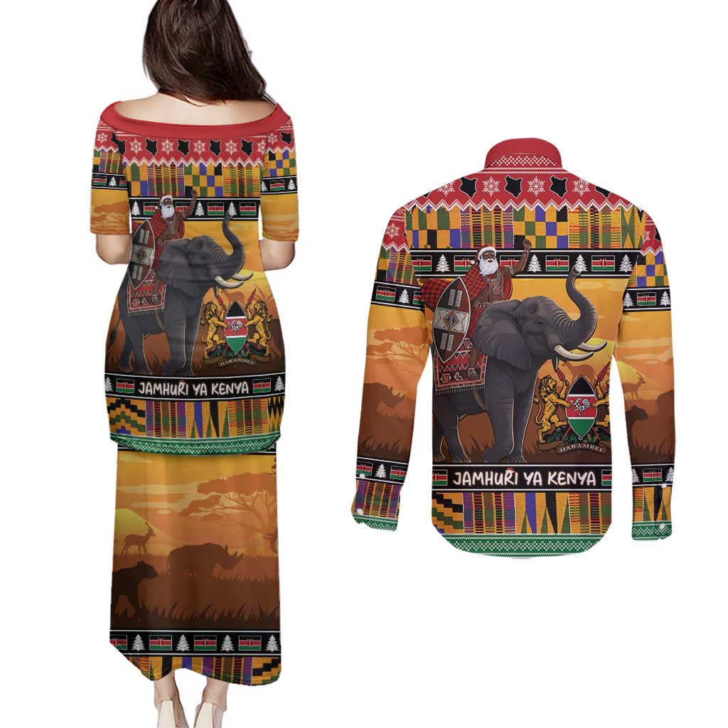 Kenya Safari Christmas Couples Matching Puletasi and Long Sleeve Button Shirt Black Santa Riding Elephant - Heri ya Krismasi - Wonder Print Shop