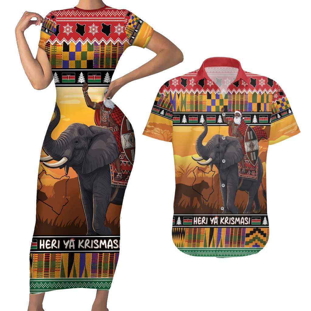 Kenya Safari Christmas Couples Matching Short Sleeve Bodycon Dress and Hawaiian Shirt Black Santa Riding Elephant - Heri ya Krismasi - Wonder Print Shop