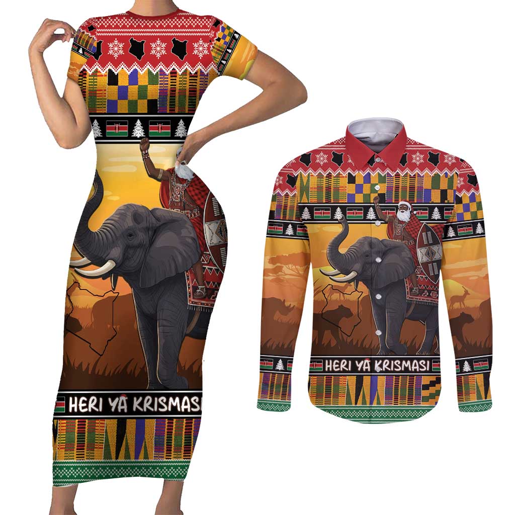 Kenya Safari Christmas Couples Matching Short Sleeve Bodycon Dress and Long Sleeve Button Shirt Black Santa Riding Elephant - Heri ya Krismasi - Wonder Print Shop