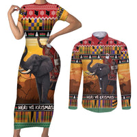 Kenya Safari Christmas Couples Matching Short Sleeve Bodycon Dress and Long Sleeve Button Shirt Black Santa Riding Elephant - Heri ya Krismasi - Wonder Print Shop