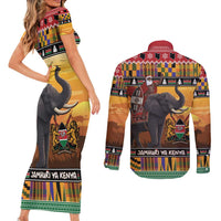 Kenya Safari Christmas Couples Matching Short Sleeve Bodycon Dress and Long Sleeve Button Shirt Black Santa Riding Elephant - Heri ya Krismasi - Wonder Print Shop