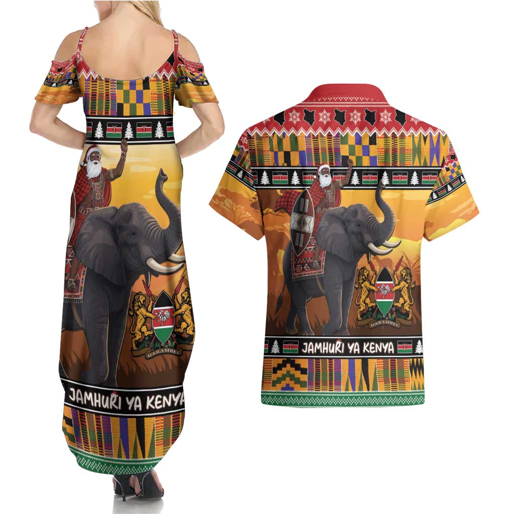 Kenya Safari Christmas Couples Matching Summer Maxi Dress and Hawaiian Shirt Black Santa Riding Elephant - Heri ya Krismasi - Wonder Print Shop