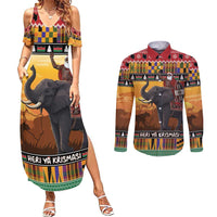 Kenya Safari Christmas Couples Matching Summer Maxi Dress and Long Sleeve Button Shirt Black Santa Riding Elephant - Heri ya Krismasi - Wonder Print Shop