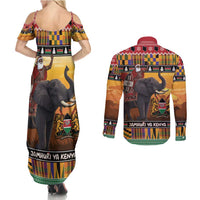 Kenya Safari Christmas Couples Matching Summer Maxi Dress and Long Sleeve Button Shirt Black Santa Riding Elephant - Heri ya Krismasi - Wonder Print Shop