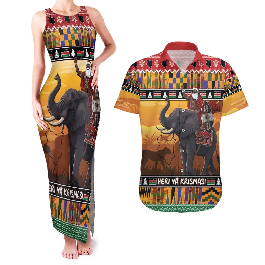 Kenya Safari Christmas Couples Matching Tank Maxi Dress and Hawaiian Shirt Black Santa Riding Elephant - Heri ya Krismasi - Wonder Print Shop