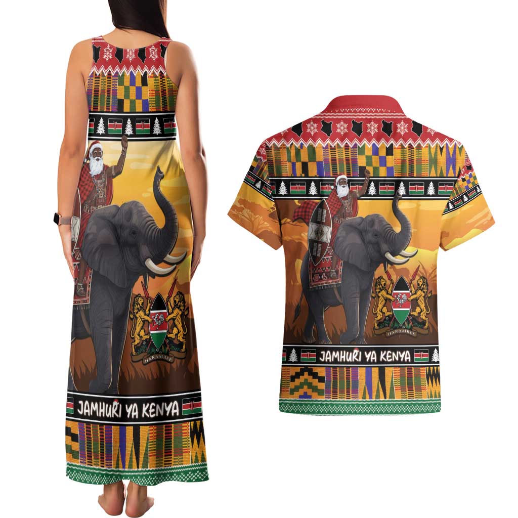 Kenya Safari Christmas Couples Matching Tank Maxi Dress and Hawaiian Shirt Black Santa Riding Elephant - Heri ya Krismasi - Wonder Print Shop