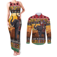 Kenya Safari Christmas Couples Matching Tank Maxi Dress and Long Sleeve Button Shirt Black Santa Riding Elephant - Heri ya Krismasi - Wonder Print Shop
