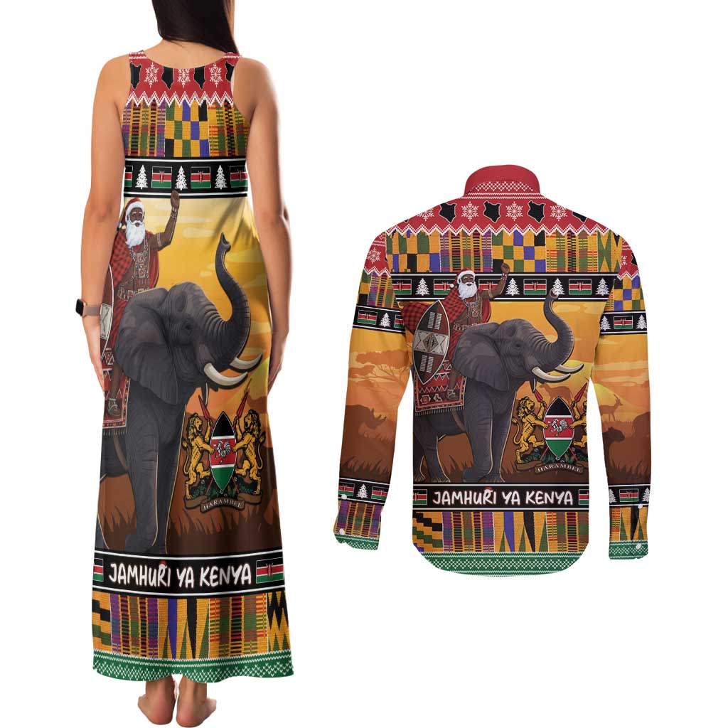 Kenya Safari Christmas Couples Matching Tank Maxi Dress and Long Sleeve Button Shirt Black Santa Riding Elephant - Heri ya Krismasi - Wonder Print Shop