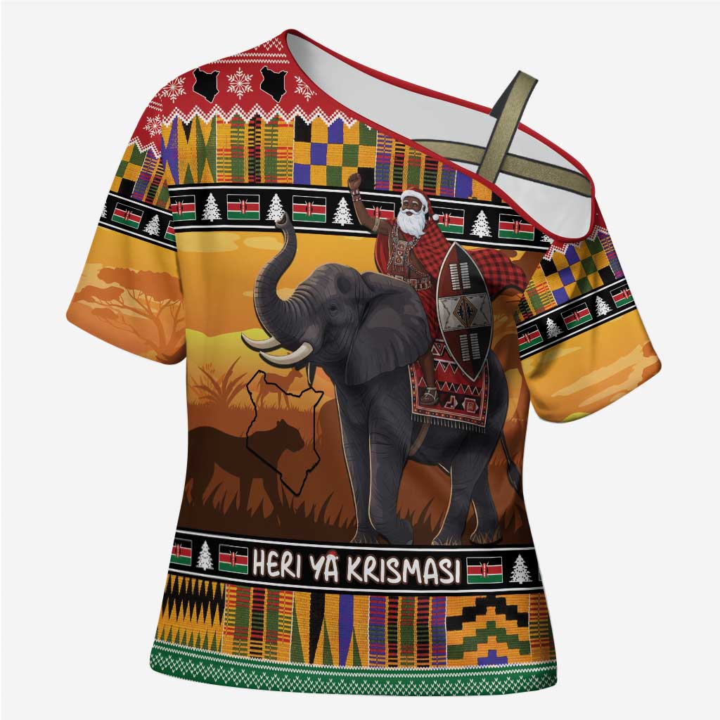 Kenya Safari Christmas Cross Shoulder Shirt Black Santa Riding Elephant - Heri ya Krismasi - Wonder Print Shop