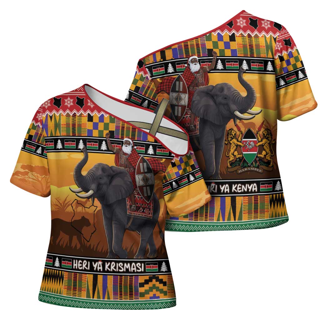 Kenya Safari Christmas Cross Shoulder Shirt Black Santa Riding Elephant - Heri ya Krismasi - Wonder Print Shop