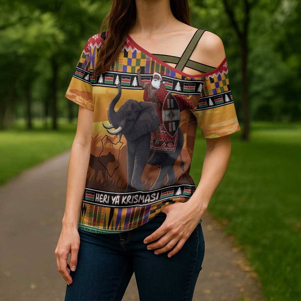 Kenya Safari Christmas Cross Shoulder Shirt Black Santa Riding Elephant - Heri ya Krismasi - Wonder Print Shop