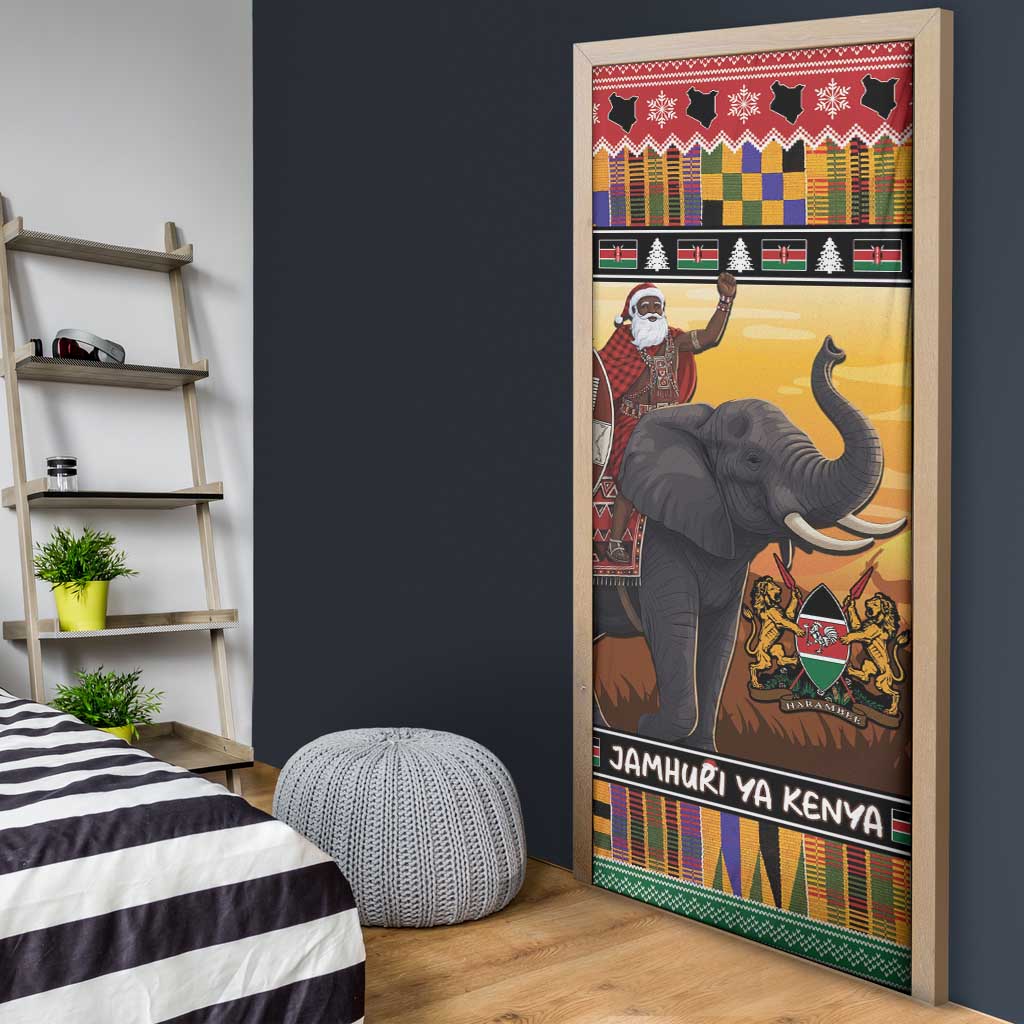 Kenya Safari Christmas Door Cover Black Santa Riding Elephant - Heri ya Krismasi - Wonder Print Shop