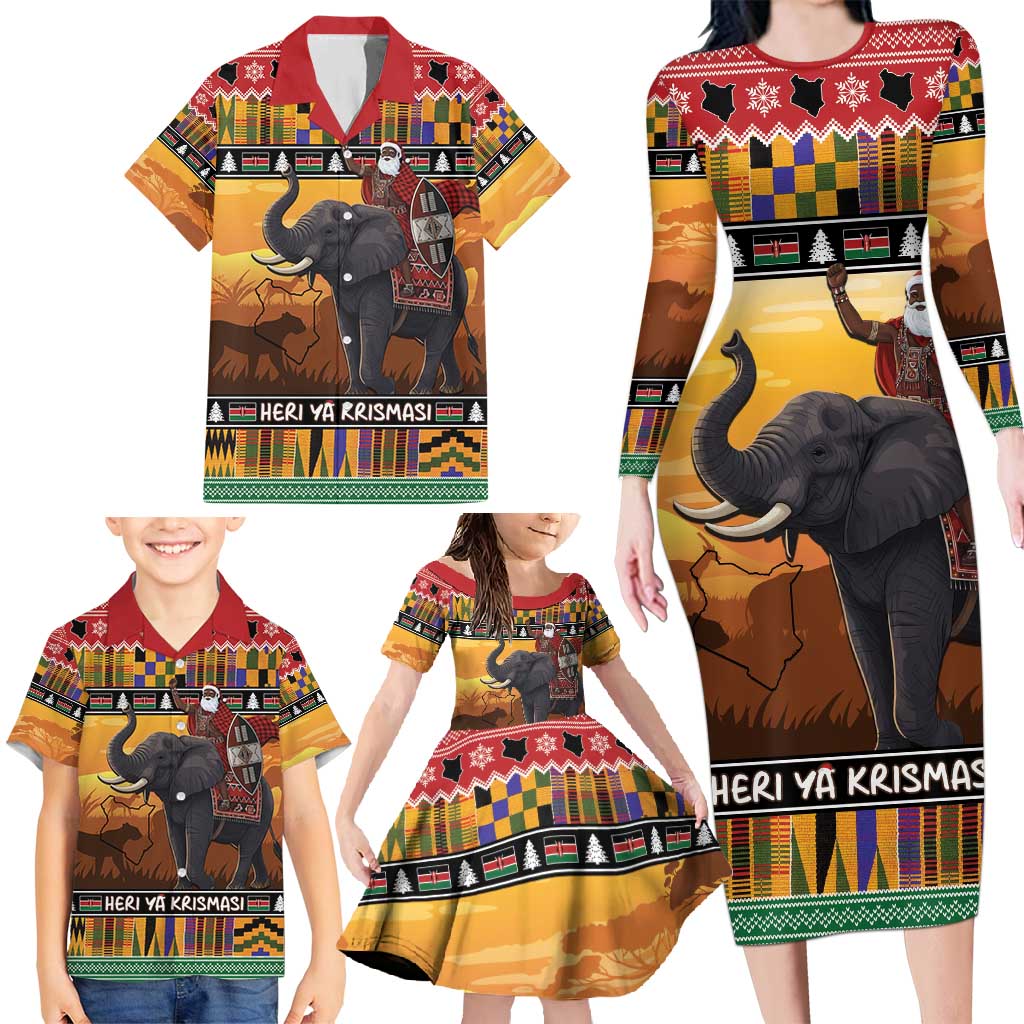 Kenya Safari Christmas Family Matching Long Sleeve Bodycon Dress and Hawaiian Shirt Black Santa Riding Elephant - Heri ya Krismasi - Wonder Print Shop