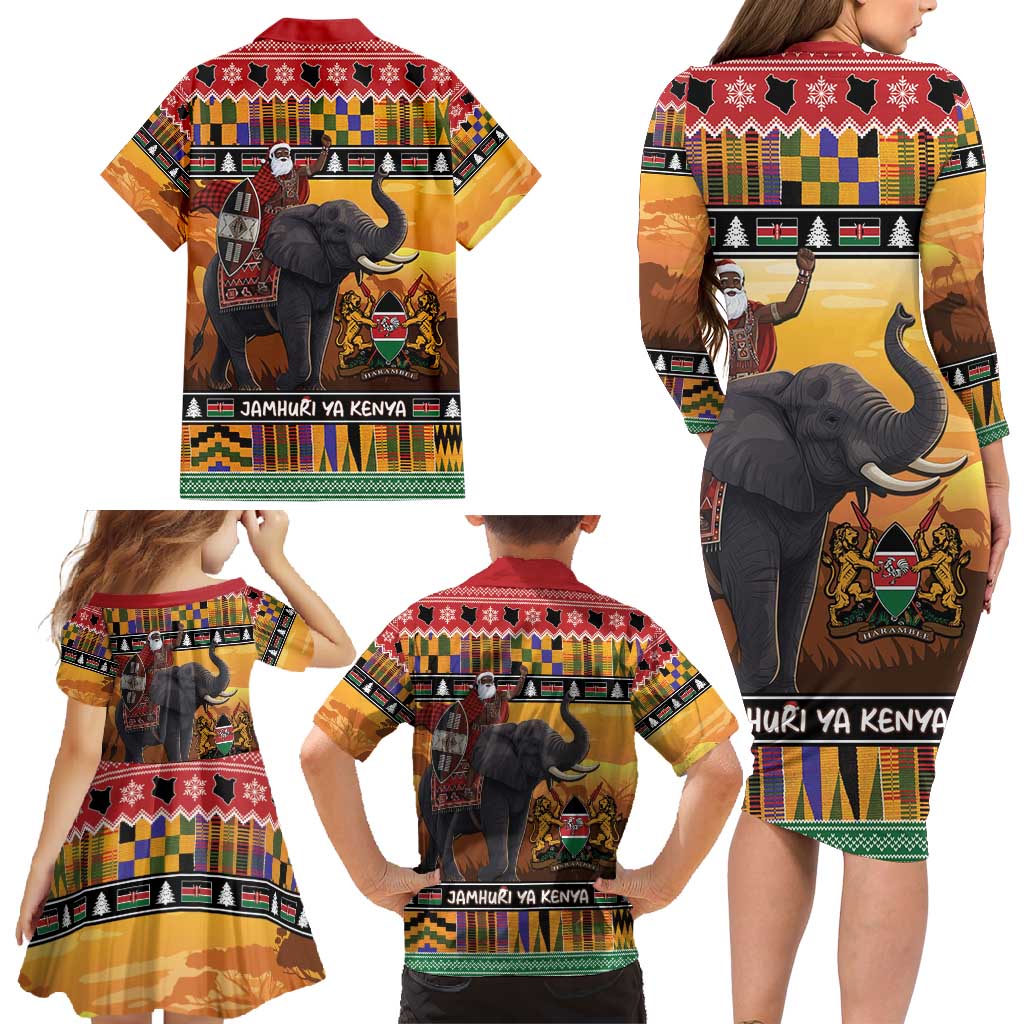 Kenya Safari Christmas Family Matching Long Sleeve Bodycon Dress and Hawaiian Shirt Black Santa Riding Elephant - Heri ya Krismasi - Wonder Print Shop