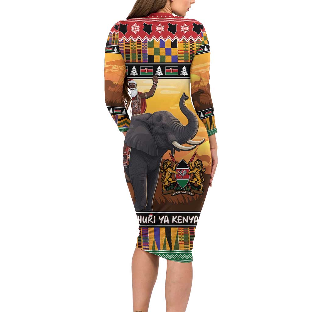 Kenya Safari Christmas Family Matching Long Sleeve Bodycon Dress and Hawaiian Shirt Black Santa Riding Elephant - Heri ya Krismasi - Wonder Print Shop
