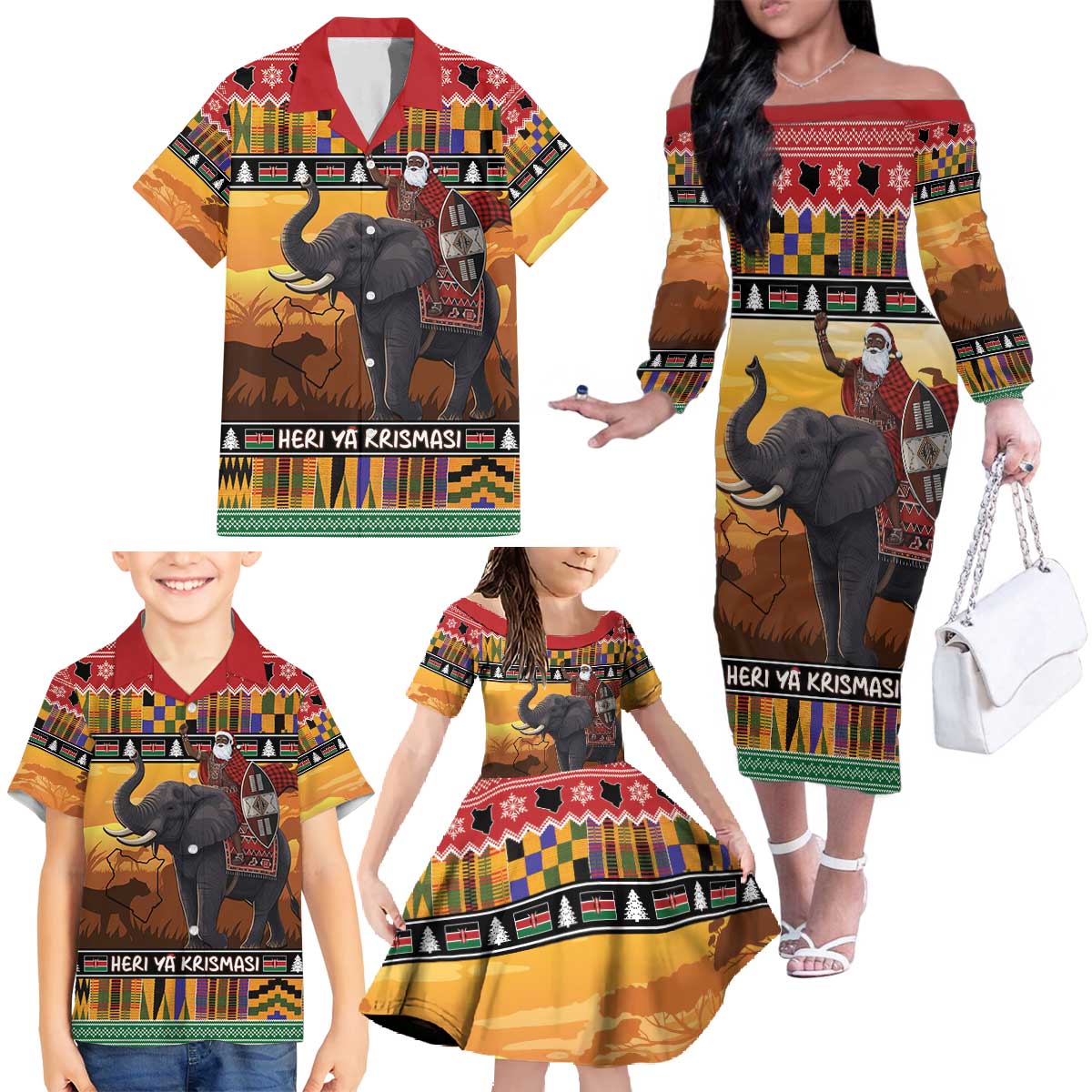 Kenya Safari Christmas Family Matching Off The Shoulder Long Sleeve Dress and Hawaiian Shirt Black Santa Riding Elephant - Heri ya Krismasi - Wonder Print Shop