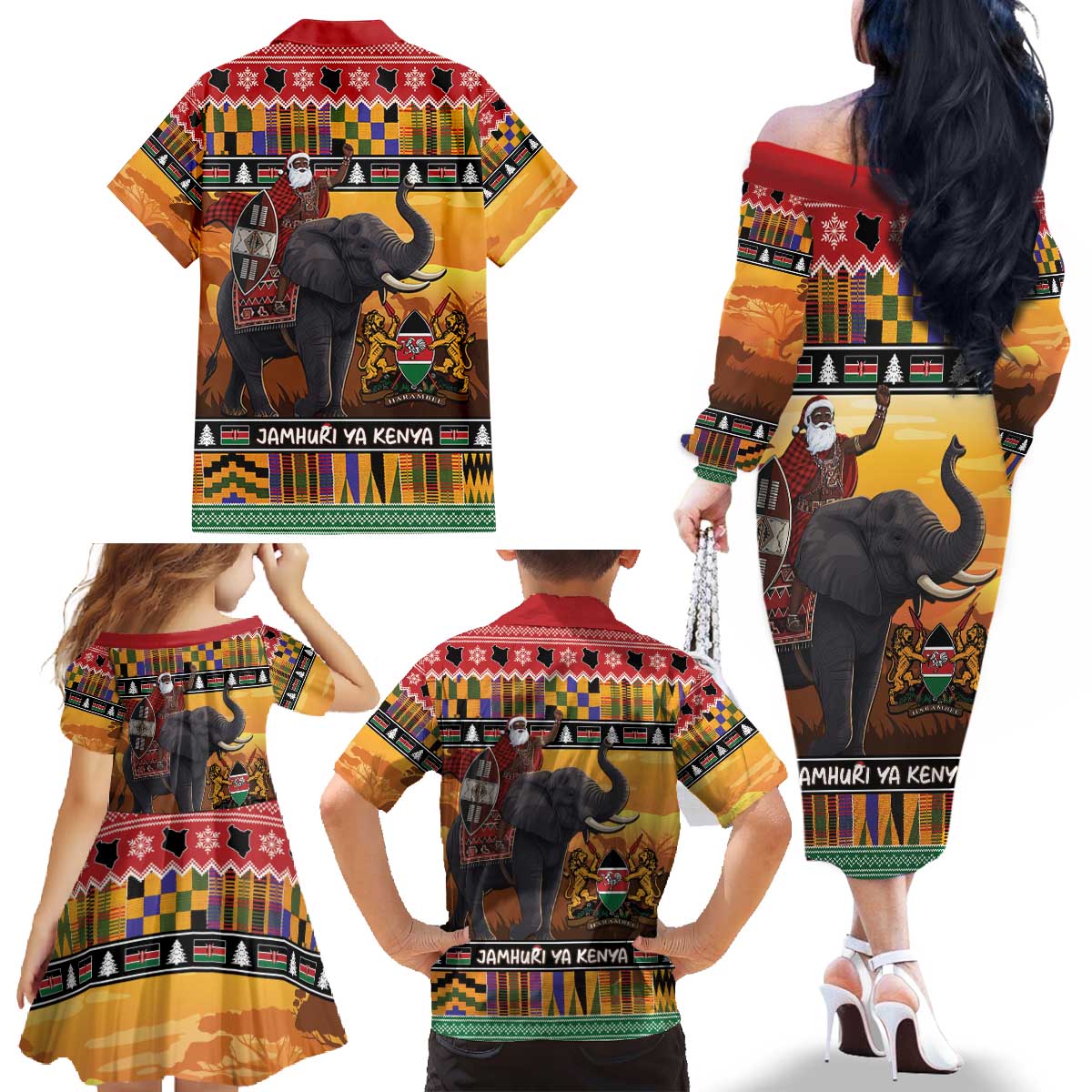 Kenya Safari Christmas Family Matching Off The Shoulder Long Sleeve Dress and Hawaiian Shirt Black Santa Riding Elephant - Heri ya Krismasi - Wonder Print Shop