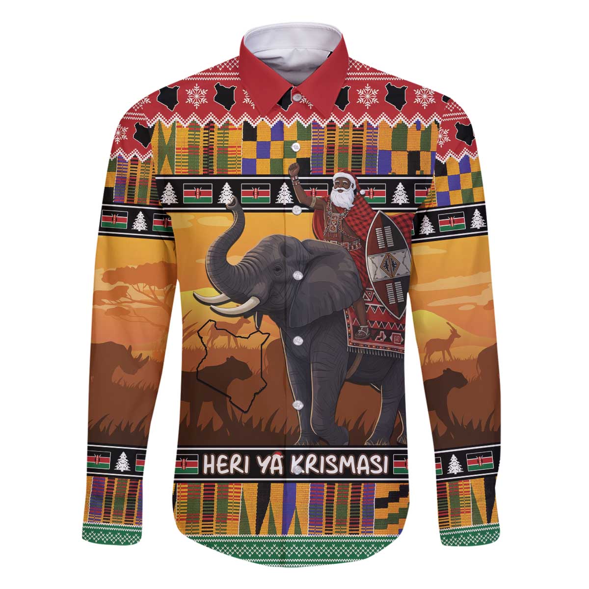 Kenya Safari Christmas Family Matching Off The Shoulder Long Sleeve Dress and Hawaiian Shirt Black Santa Riding Elephant - Heri ya Krismasi - Wonder Print Shop