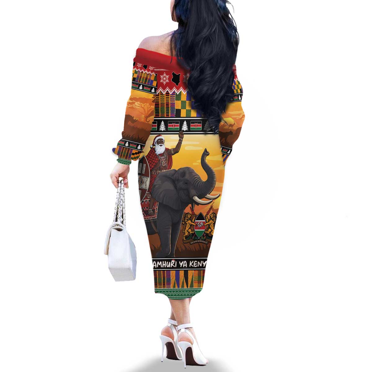 Kenya Safari Christmas Family Matching Off The Shoulder Long Sleeve Dress and Hawaiian Shirt Black Santa Riding Elephant - Heri ya Krismasi - Wonder Print Shop