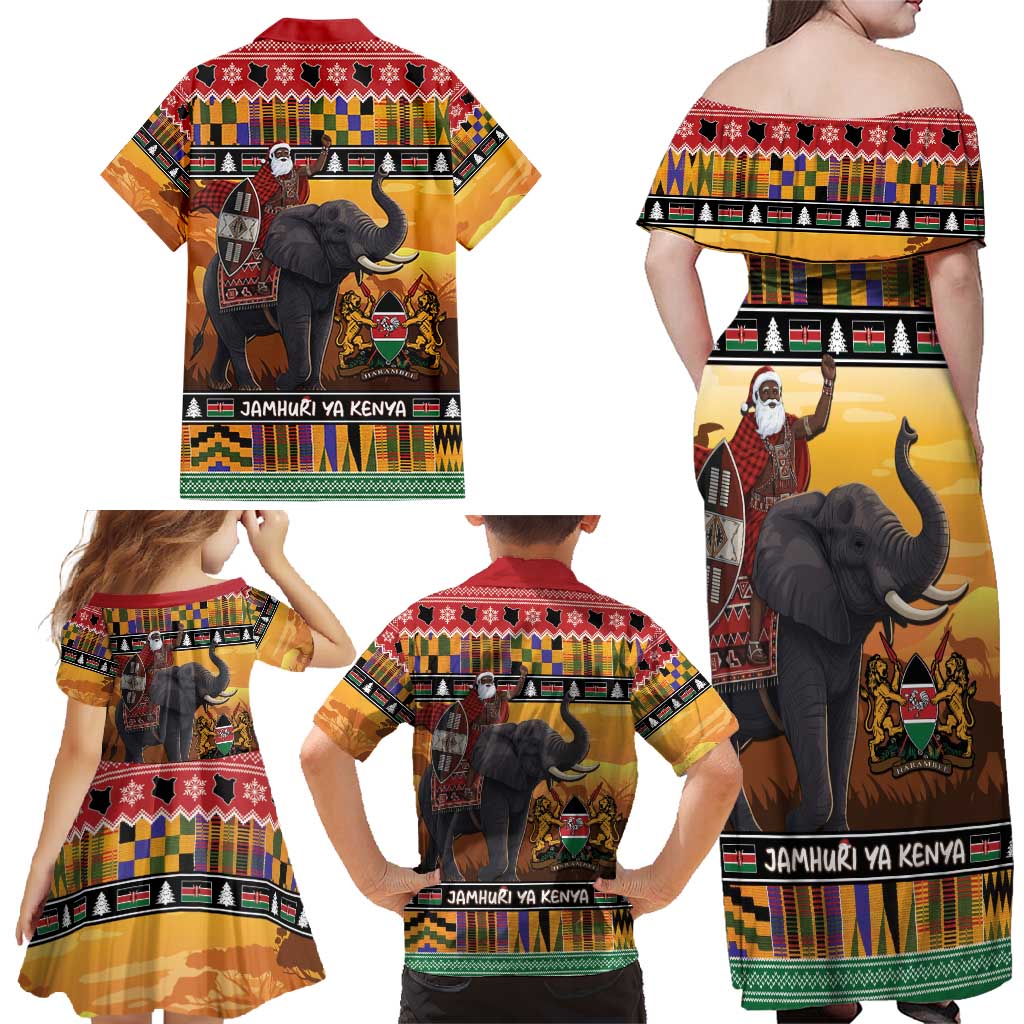 Kenya Safari Christmas Family Matching Off Shoulder Maxi Dress and Hawaiian Shirt Black Santa Riding Elephant - Heri ya Krismasi - Wonder Print Shop