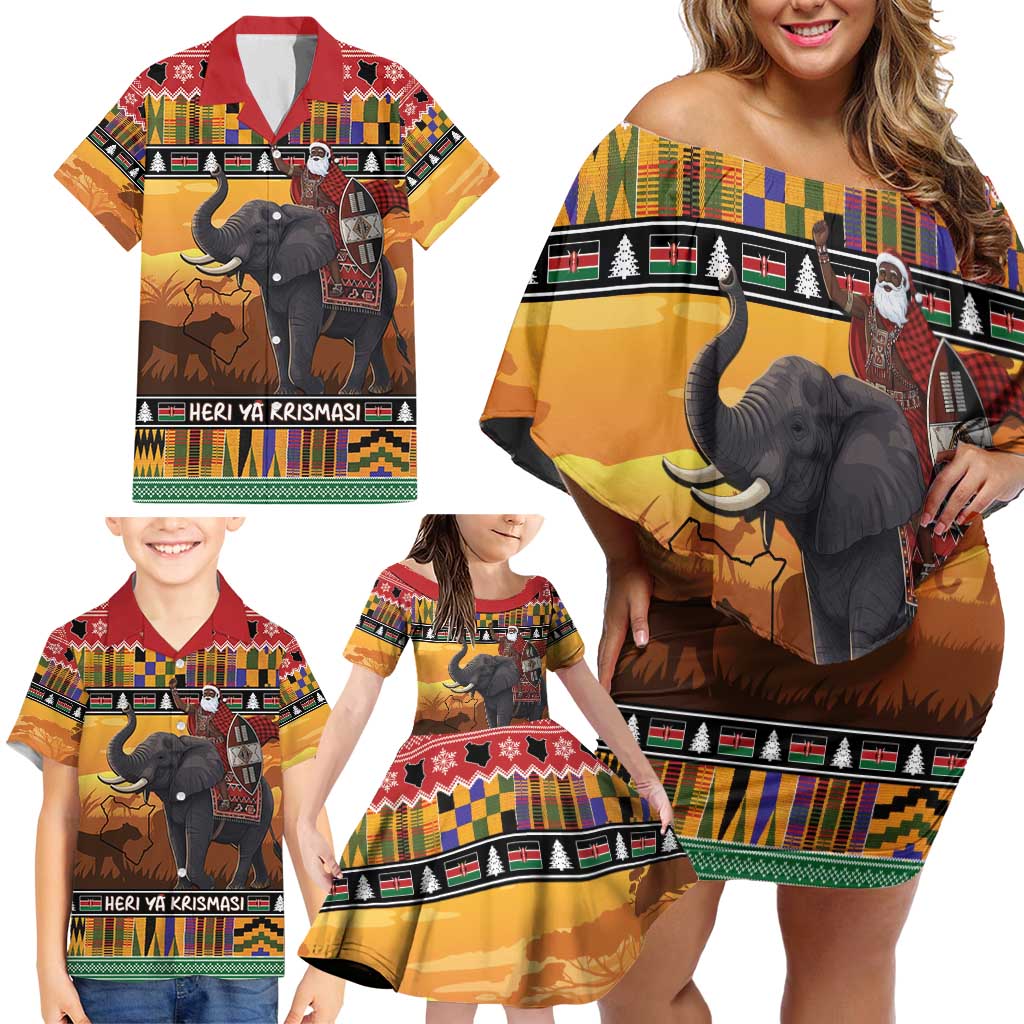 Kenya Safari Christmas Family Matching Off Shoulder Short Dress and Hawaiian Shirt Black Santa Riding Elephant - Heri ya Krismasi - Wonder Print Shop