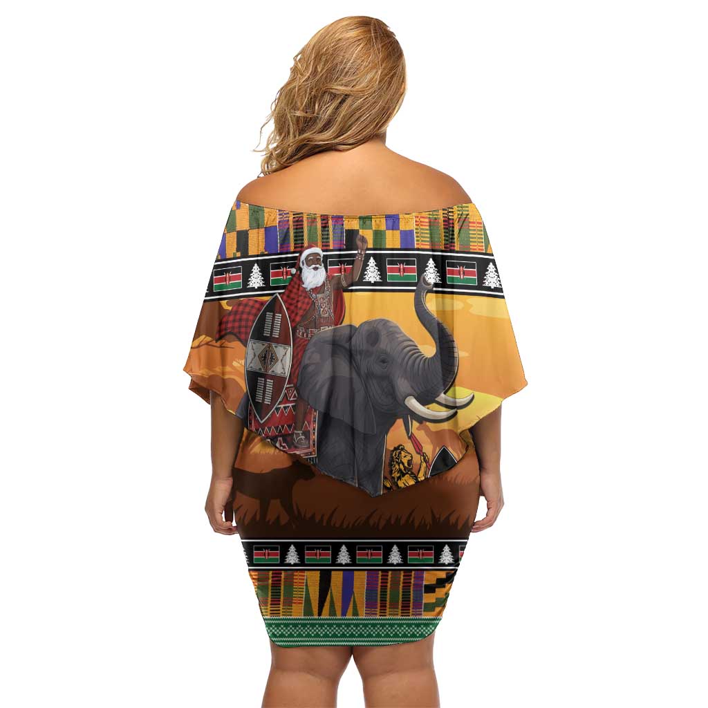 Kenya Safari Christmas Family Matching Off Shoulder Short Dress and Hawaiian Shirt Black Santa Riding Elephant - Heri ya Krismasi - Wonder Print Shop