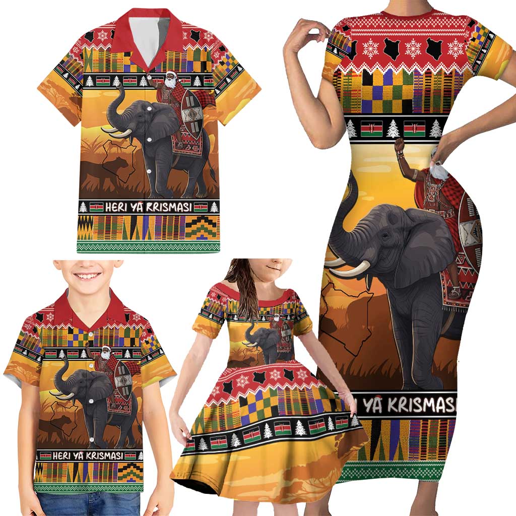Kenya Safari Christmas Family Matching Short Sleeve Bodycon Dress and Hawaiian Shirt Black Santa Riding Elephant - Heri ya Krismasi - Wonder Print Shop