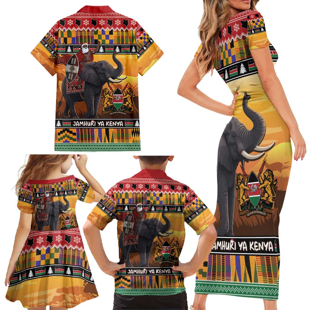 Kenya Safari Christmas Family Matching Short Sleeve Bodycon Dress and Hawaiian Shirt Black Santa Riding Elephant - Heri ya Krismasi - Wonder Print Shop
